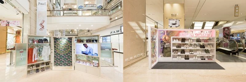 左：台北101衣帽間以「個性印花」為主題。右：微風信義「潮流可愛」主題快閃鞋櫃讓人拍照拍不停 (攝影/Snow Chen)